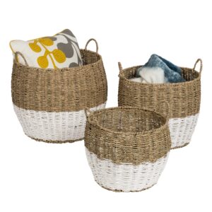 White and Natural Decorative Seagrass Round Nesting Baskets (Set of 3)