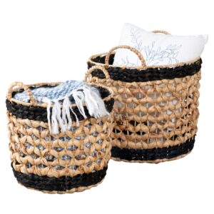 Natural and Black Decorative Round Decorative Wicker Baskets with Handles (Set of 2)