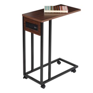 C-Shapedd Accent Side Table with Outlets and Wheels - Walnut and Black